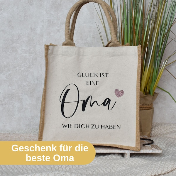 Jute shopper "Happiness is... grandma" | Shopping bag made of cotton and jute | Gift bag for the best grandma | Gift idea for grandchildren