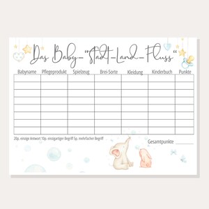 Babyparty Spiel - "Das Baby Stadt-Land-Fluss" | kleiner Elefant | Dekoration für die Baby Party für Jungen und Mädchen | Babyshower