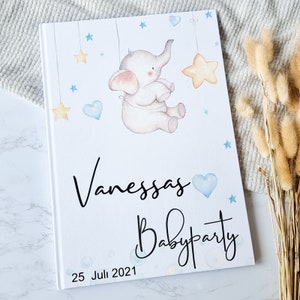 Babyparty - personalisiertes Gästebuch kleiner Elefant mit Namen | Erinnerungsalbum Babyshower Junge und Mädchen | Baby Party Deko