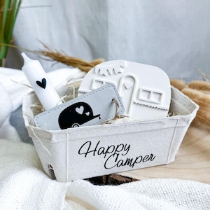 Geschenkset "Happy Camper" | Geschenkbox für echte Camper | Schlüsselanhänger, Wohnwagen und Kerze | kleines Geschenk Camping
