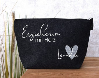 personalisierte Tasche aus Filz | Erzieherin mit Herz und Namen | Glitzer | Erzieherin Geschenk Abschied