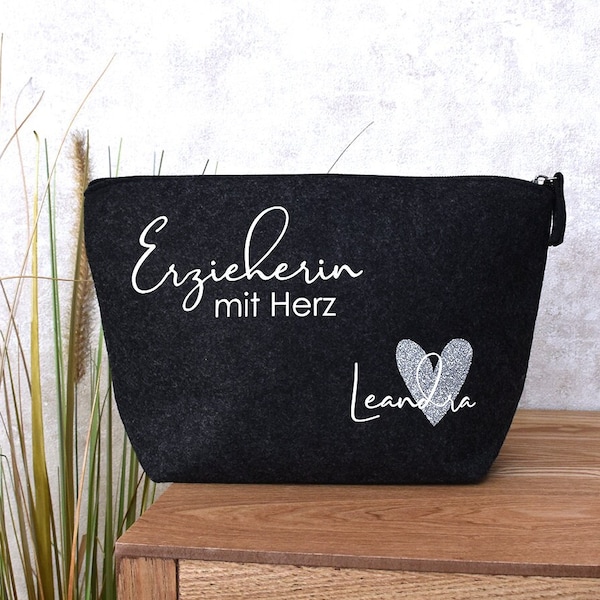 personalisierte Tasche aus Filz | Erzieherin mit Herz und Namen | Glitzer | Erzieherin Geschenk Abschied