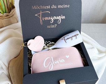 Geschenkschachtel „Möchtest du meine Trauzeugin sein? | personalisierte Geschenkbox - Trauzeugin | Kosmetiktasche und Sektglas Geschenk Box