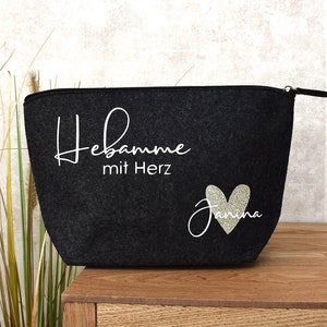 Abschiedsgeschenk Hebamme mit Herz und Namen Glitzer Kosmetiktasche aus Filz personalisiertes Geschenk zum Abschied image 1