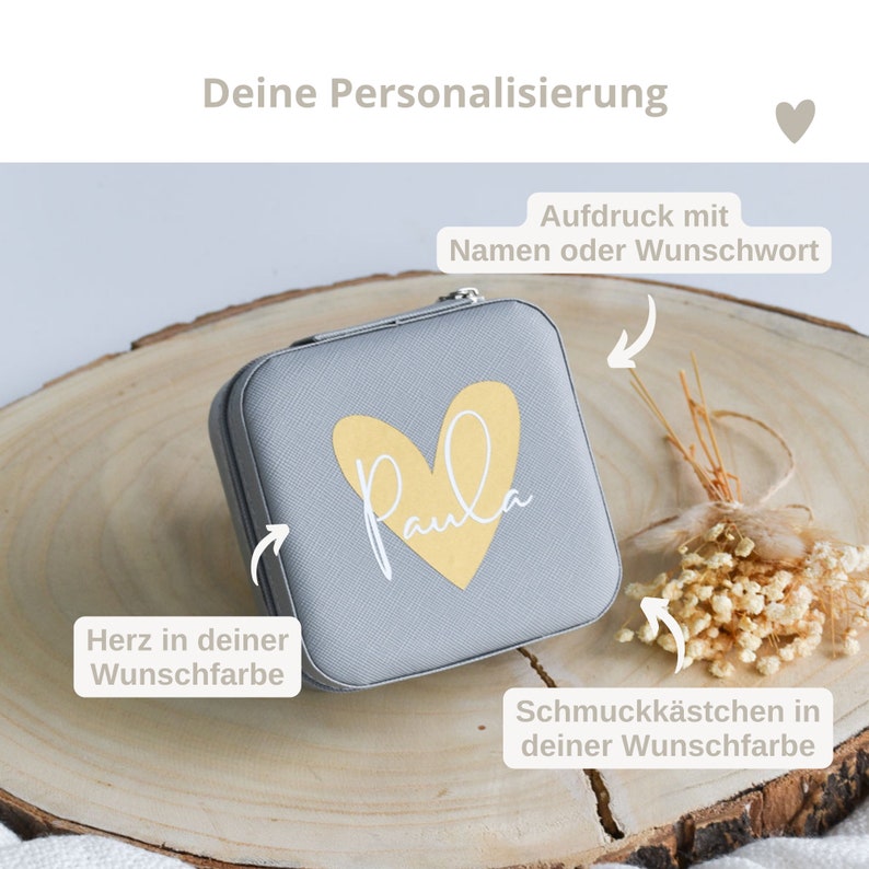 Schmuckkästchen mit Namen personalisierter Schmuckbox mit Herz Schmuckaufbewahrung für Unterwegs Geschenk für Freundin oder Schwester Bild 3