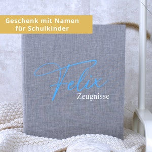 personalisierte Zeugnismappe | "Kalligraphie" und dem Namen des Kindes | Leinen Einband | Geschenkidee zum Schulstart - Geschenk Einschulung