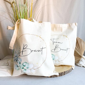 Personalisierte Beutel zum JGA Eukalyptus | Braut & Team Braut | Geschenk Brautparty Accessoires | Junggesellinenabschied Stoffbeutel