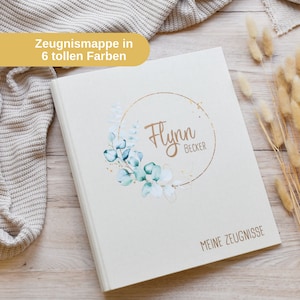 personalisierte Zeugnismappe | Eukalyptus und dem Namen des Kindes | Leinen Einband | Geschenkidee zum Schulstart - Geschenk Einschulung