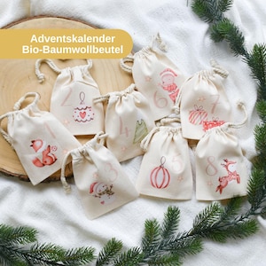 Advent calendar with 24 organic cotton bags | Christmas gift animals | Sustainable Advent calendar for children to fill | DIY iron-on transfers