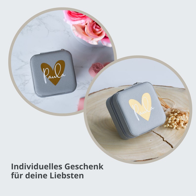 Schmuckkästchen mit Namen personalisierter Schmuckbox mit Herz Schmuckaufbewahrung für Unterwegs Geschenk für Freundin oder Schwester Bild 8