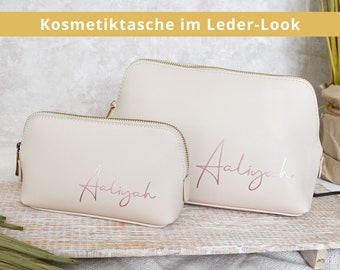 personalisierte Kosmetiktasche für Frauen | Tasche mit Namen | Schminktasche für die Frau | Kulturbeutel im Leder-Look | Make-Up Bag