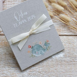 Personalisiertes Fotoalbum Baby - kleiner Wal | Leporello aus Leinen als Babygeschenk | Geschenk zur Geburt oder Taufe | Fotogeschenk