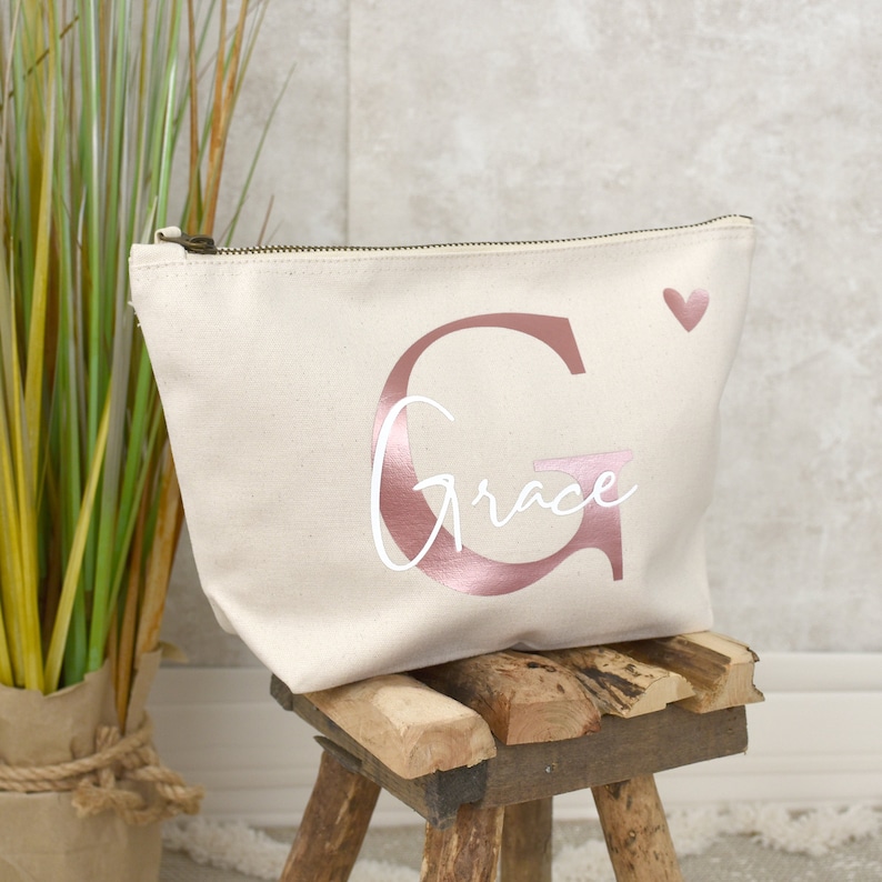 personalisierte Tasche aus Canvas-Baumwolle Buchstabe und Namen Kosmetiktasche mit Initialien Bild 3