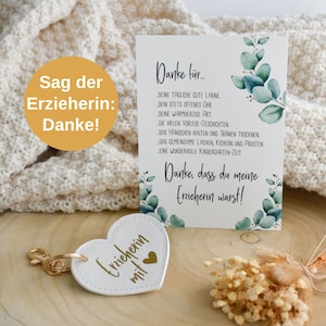 kleines Geschenkset | Schlüsselanhänger im Lederlook - Herz | Erzieherin mit Herz | mit Karte | Abschiedsgeschenk Eukalyptus