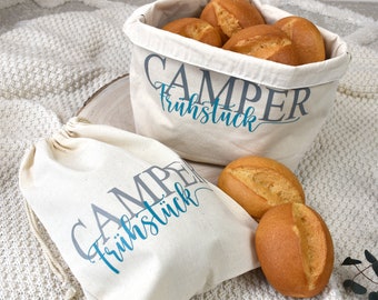 Brotkorb und Brötchenbeutel Set aus Baumwolle | personalisierter und nachhaltig | "Camper Frühstück" | Schnörkelschrift