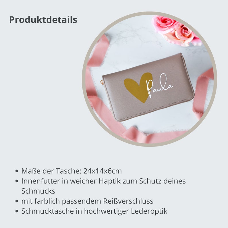 Personalisierte Schmucktasche mit Namen und Herz Schmuckaufbewahrung für Unterwegs Geschenk für Freundin Reiseetui für Schmuck Bild 2