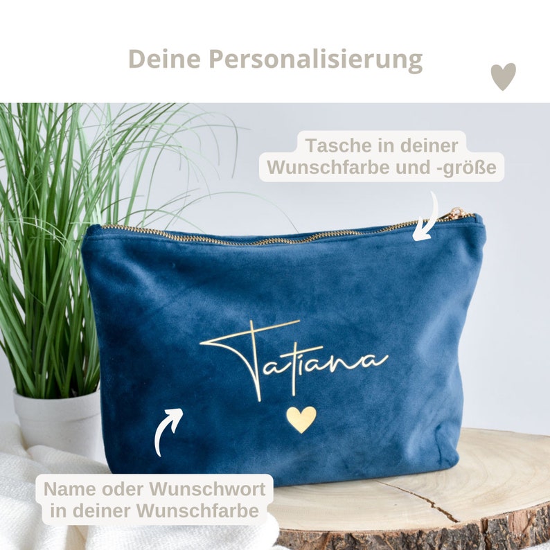 Geschenk Tasche aus Samt Namen mit Herz personalisierte Kosmetiktasche Geschenkidee für Mama, Schwester oder Freundin Bild 3