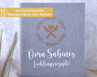 personalisierter Rezeptordner in A4 | inkl. 50 Rezeptkarten | Ringordner Leinen | Lieblingsrezepte