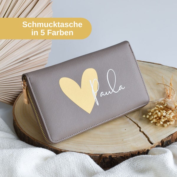 Personalisierte Schmucktasche mit Namen und Herz | Schmuckaufbewahrung für Unterwegs | Geschenk für Freundin | Reiseetui für Schmuck