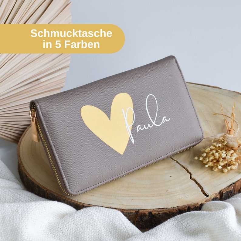 Personalisierte Schmucktasche mit Namen und Herz Schmuckaufbewahrung für Unterwegs Geschenk für Freundin Reiseetui für Schmuck Bild 1