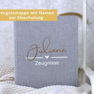 personalisierte Zeugnismappe | "Herz" und dem Namen des Kindes | Leinen Einband | Geschenkidee zum Schulstart - Geschenk zur Einschulung