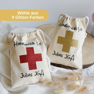 personalisierte Baumwollbeutel für den JGA | Hangoverkits mit Namen zum Junggesellinnenabschied für Frauen | Erste Hilfe Beutel