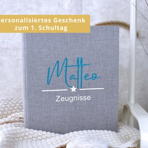 personalisierte Zeugnismappe | "Stern" und dem Namen des Kindes | Leinen Einband | Geschenkidee zum Schulstart - Geschenk zur Einschulung