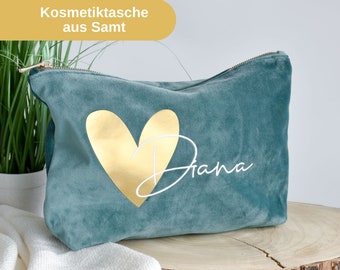 Geschenk Tasche aus Samt | Namen mit großem Herz | personalisierte Kosmetiktasche | Geschenkidee für Mama, Schwester oder Freundin