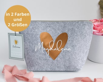 personalisierte Kosmetiktasche aus Filz | Namen und Herz | Tasche Geburtstagsgeschenk für Freundin, Schwester oder Mama - für Frauen