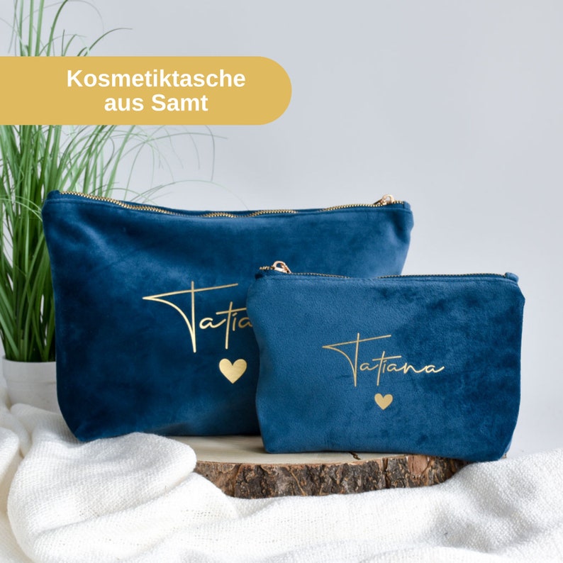 Geschenk Tasche aus Samt Namen mit Herz personalisierte Kosmetiktasche Geschenkidee für Mama, Schwester oder Freundin Bild 1