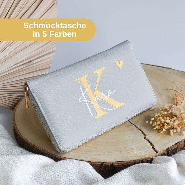 Personalisierte Schmucktasche mit Namen und Buchstabe | Schmuckaufbewahrung für Unterwegs | Geschenk für Freundin | Reiseetui für Schmuck