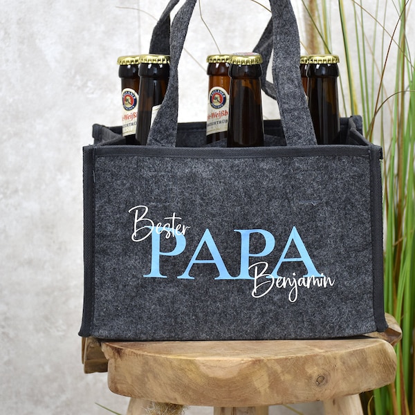 Männerhandtasche | Biertasche Sixpack | personalisiert für den Besten Papa mit Namen | Geschenk zum Geburtstag für Männer | Flaschentasche