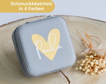 Personalisierte Schmuckbox | Schmuckkästchen mit Namen und Herz | Schmuckaufbewahrung für Unterwegs | Geschenk für Freundin oder Schwester