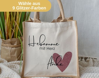 Juteshopper personalisiert "Hebamme mit Herz" mit Namen | Geschenk zum Abschied | personalisierte Tasche als Geschenkidee Jutebeutel