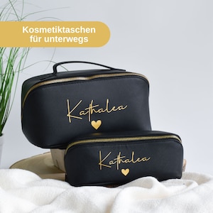 Personalisierte Kosmetiktasche klein groß für Frauen | Name und Herz | Schminktasche für die Frau | Kulturbeutel im Leder-Look | Geschenk