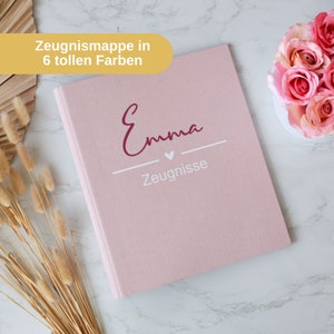 personalisierte Zeugnismappe | Herz und dem Namen des Kindes | Leinen Einband | Geschenkidee zum Schulstart - Geschenk zur Einschulung Rosa