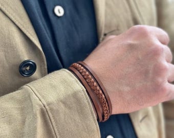 Men’s Brown Leather Bracelet – Braided Wrap with Stainless Steel Clasp