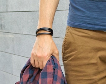 Bracelet de cuir pour hommes, cuir bracelet hommes, Bracelets pour hommes, pour un bracelet cadeau de guy avec String noir