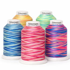 Op de afbeelding: Vijf spoelen Gütermann Bulky-Lock 80 1000 garen in verschillende kleuren. De spoelen zijn wit met kleurrijk garen in tinten blauw, roze, geel en groen. Het garen is in een gestreept patroon gewikkeld.