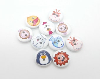 Wooden buttons round with animals, 10 pieces