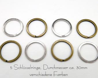 5 Schlüsselringe rund, verschiedene Farben zur Auswahl, flach, 30 mm