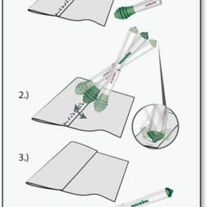 May include: A three-step guide on how to use a seam ripper to remove stitches. The seam ripper is green and white with the word "Macchia" printed on it. The guide shows how to insert the seam ripper into the seam, then how to move it back and forth to remove the stitches, and finally how to remove the seam ripper from the seam.