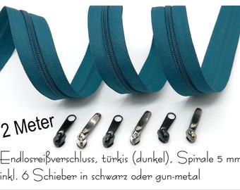 Inclusief 2 meter eindeloze ritssluiting. 6 schuivers, spiraal 5 mm, turkoois-donker