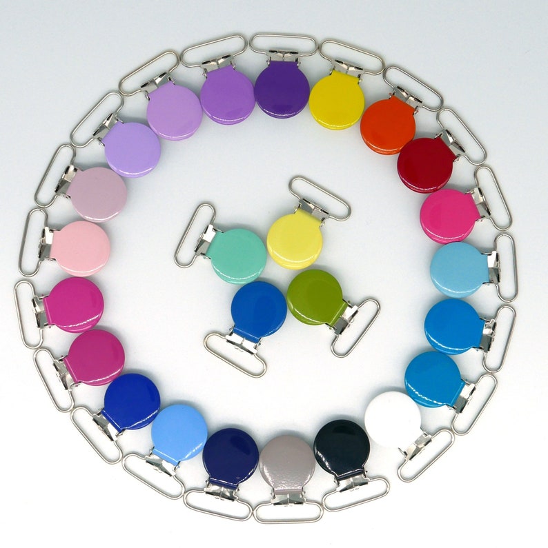 5 Schnullerclip Metall rund, verschiedene Farben: weiß, blau, rot, grau, lila, violett, grün, rosa, pink, gelb, mint, türkis, dunkelblau Bild 1