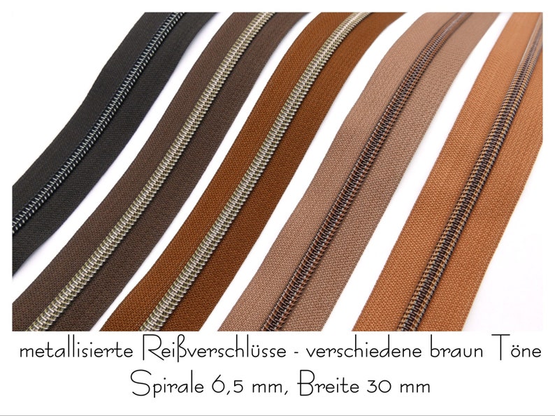 1 m endless zipper, metallized, wide, including 3 matching sliders, various brown tones image 1