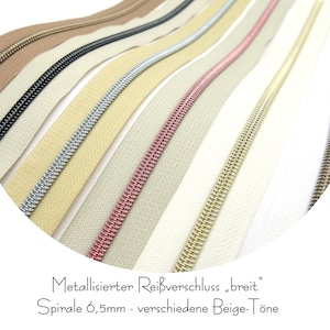 Metallic zipper, beige tones, 1m + 3 sliders, wide spiral | Sewing accessories for bags, backpacks & wallets | Zipper pull by the meter