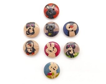 10x Knopf Rund Vintage Tiere Zoo Knöpfe 15mm Kinder Jungen Buben Bunt