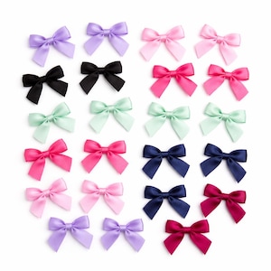 Op de afbeelding: Een verzameling kleine satijnen strikken in verschillende kleuren, waaronder roze, paars, zwart, groen en marineblauw. De strikken zijn gerangschikt op een witte achtergrond, waarbij hun levendige kleuren en delicate textuur worden getoond. Ideaal voor knutsel- of verfraaiingsprojecten.