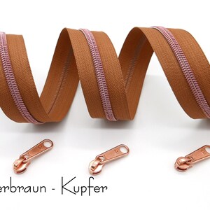 1 m endless zipper, metallized, wide, including 3 matching sliders, various brown tones Ockerbraun