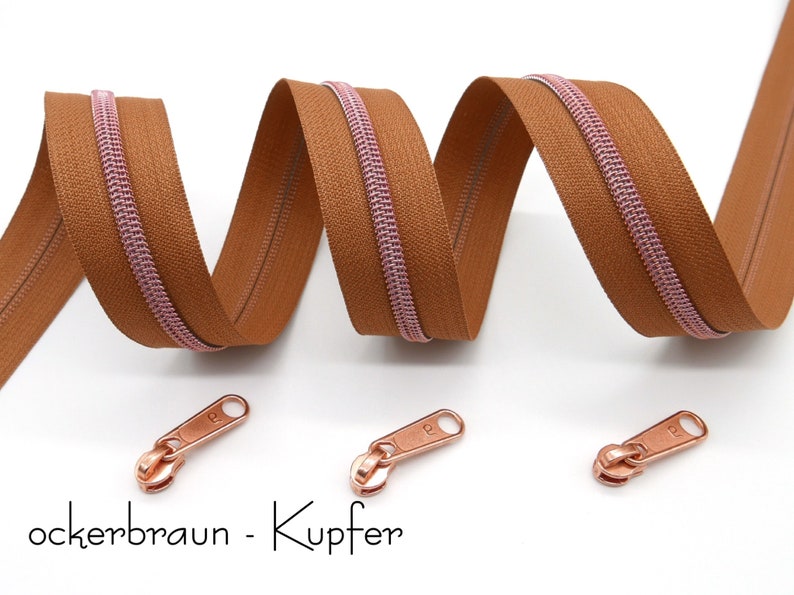 1 m endless zipper, metallized, wide, including 3 matching sliders, various brown tones Ockerbraun